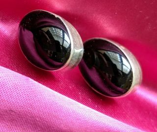 Vintage.  Mexican Sterling Silver And Onyx Mid Modernist Earrings.  3/4 " Vgc