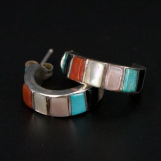 Vtg Sterling Silver - Navajo Mop Turquoise Onyx Coral Hoop Earrings - 3.  5g