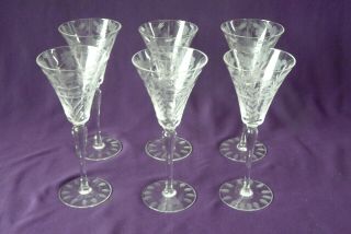 Vintage Etched Crystal Floral Wine Glasses 6 - 1/2 " - Set Of 6