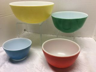 Vintage Pyrex Primary Colors 4pc Nesting Mixing Bowl Set Blue Red Green Yellow