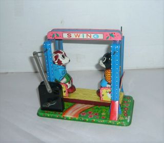 Vintage Tin Mechanical Bears On A Swing Windup Toy