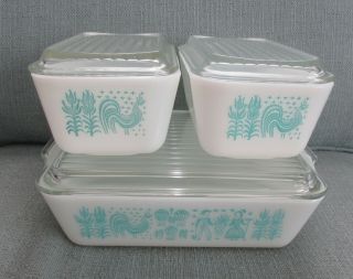 6 Piece Vintage Pyrex Turquoise Butterprint Amish Covered Refrigerator Dish Set