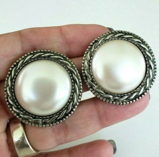 Vtg Dauplaise Faux White Pearl Cab Button Silver Tone Clip Earrings