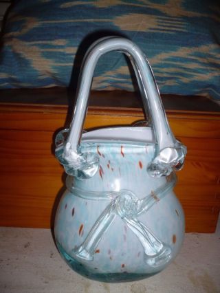Vtg Murano Cased Glass Speckled Pale Teal & White Etc Handbag Purse Vase 9 " Tall