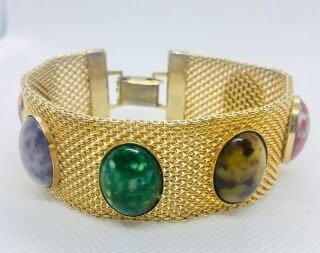 Wide Mesh & Art Glass Cabochon Bracelet Signed G.  P.  Vintage Jewelry