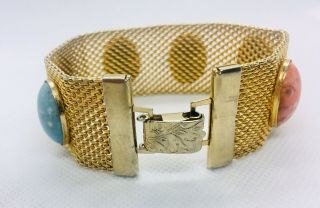 Wide Mesh & Art Glass Cabochon Bracelet Signed G.  P.  Vintage Jewelry 2