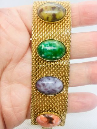 Wide Mesh & Art Glass Cabochon Bracelet Signed G.  P.  Vintage Jewelry 4