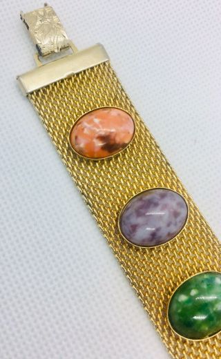 Wide Mesh & Art Glass Cabochon Bracelet Signed G.  P.  Vintage Jewelry 5