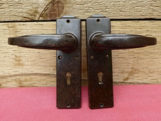 2 X Vintage Art Deco Bakelite Lever Door Handles With Key Lock Hole