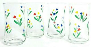 Set Of 4 Vintage Libbey Tulip Print Glasses 12 Oz.  Drinking Glasses