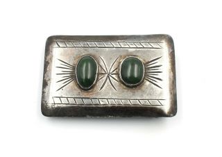 Vintage Mexico Sterling Silver Belt Buckle With Nephrite Stones - Nr 4913 - 6
