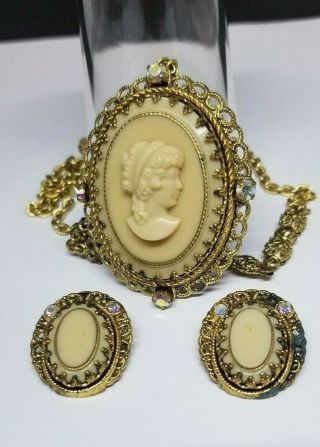 Vintage West Germany Gold Tone Cameo Carved Filigree Necklace & Earring Set Vc3