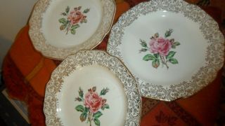 3 Pc Vintage Dinner Plates - " Briar Rose " Pat.  Dominion /georgian China - Canada - 22kt