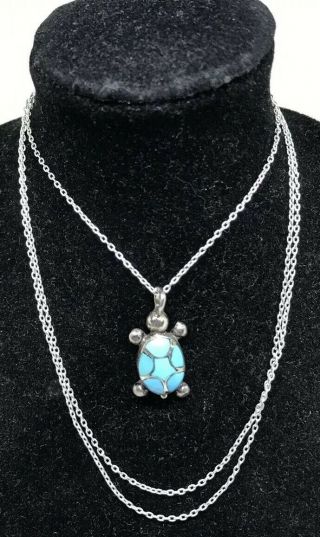 Vintage Sterling Silver Turquoise Inlay Turtle Pendant Chain Necklace