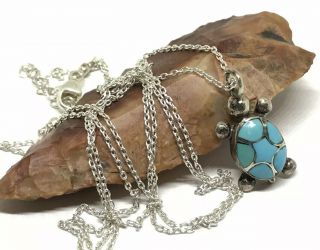 Vintage Sterling Silver Turquoise Inlay Turtle Pendant Chain Necklace 2