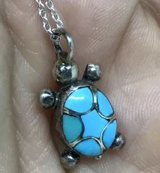 Vintage Sterling Silver Turquoise Inlay Turtle Pendant Chain Necklace 3