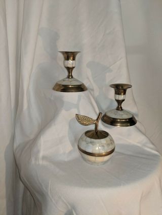 Vintage Brass And Inlaid Mother Of Pearl Candlestick Holders And Apple Trinket