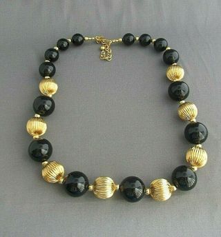 Vintage Joan Rivers Gold Tone Black Ball Bead Chunky Elongated Necklace