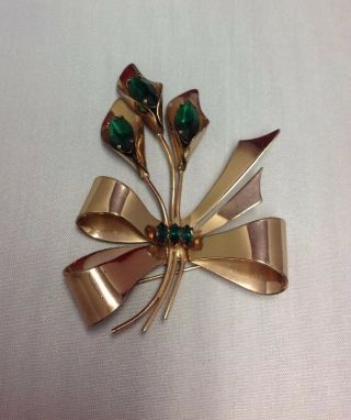 Vintage Sterling Coro Craft Calla Lily Bow Green Glass Gold Vermeil Pin Brooch