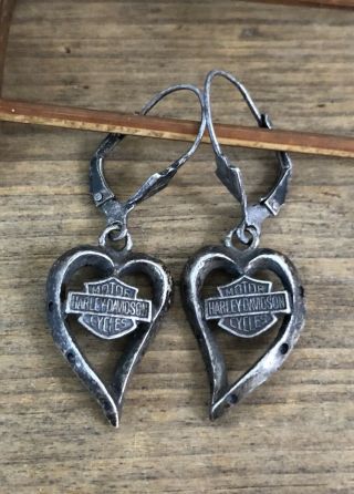 Awesome Vintage Harley Davidson Motorcycle Sterling Silver Heart Earrings