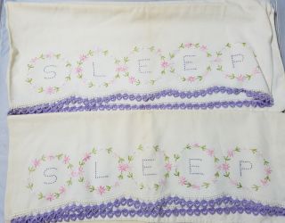 Vintage Handmade Pillow Case Set Of 2 Cream Purple Embroidery Sleep Flowers