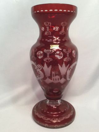 Vintage Bohemian Ruby Red Cut To Clear Glass Deer Stag Egermann Vase