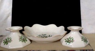 Vintage Lenox Set.  Serving Bowl Matching Candle Holders.  Holly Berries.