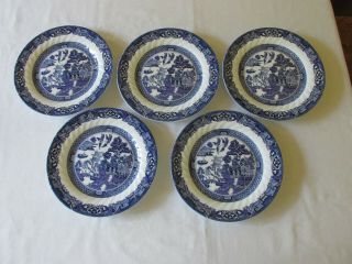 (5) Vintage Royal Cuthbertson Blue Willow Swirled Rim Salad Plates 7 1/2 "