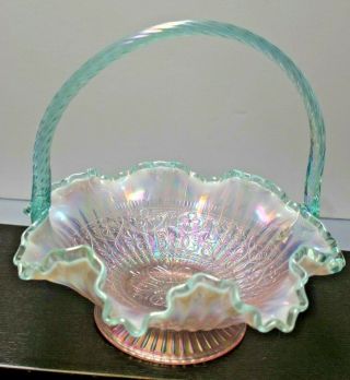 Vintage Fenton Art Glass Basket - Purple/green Opalescent - Iridescent - 11 "