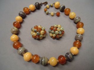 Vintage German Czech Brown Yellow Amber Swirled Glass Bead Necklace Earrings Set