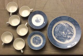 Vintage Currier & Ives By Royal Dish Set The Old Grist Mill Old Orig.  Svc.  For 6
