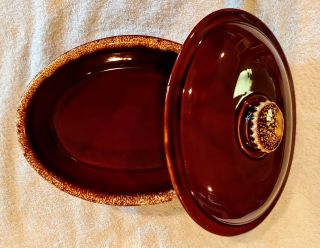 Vtg Hull H.  P.  Co Oven Proof Dish Oval Casserole W Lid Brown Drip Pottery Usa 10 "