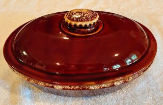 VTG Hull H.  P.  Co Oven Proof Dish Oval Casserole w Lid Brown Drip Pottery USA 10 