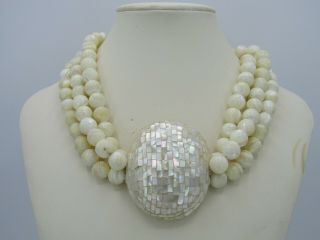 Vintage Multi - Strand Mother Of Pearl Beaded Pendant Necklace
