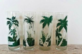 4 Vintage - Green & White Tropical Palm Tree Glasses - 7 " Tall X 2 1/2 "