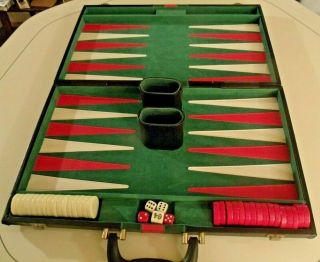 Vintage Backgammon Set In Case,  Complete,  16 Red & White Chips