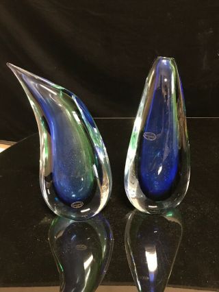 2 Vintage Murano Blue/green Glass Abstract Style Vase 10 " Tall