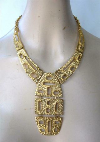 Vintage Modernist Brutalist Panel Link Pendant Necklace Gold Plated Statement