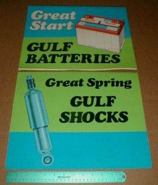 Vtg Gulf Gas Oil Service Station Battery Shocks Paper Advertising Sign 1970s ?