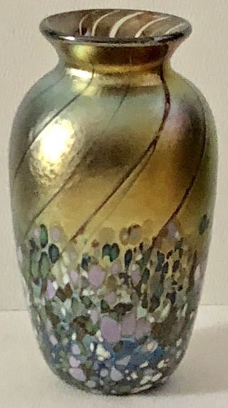 Vintage Hand Made Blown Art Glass Iridescent Loetz Gold Vase Signed Elaine Hyde