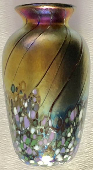 Vintage HAND Made BLOWN ART GLASS IRIDESCENT Loetz Gold VASE Signed ELAINE HYDE 2