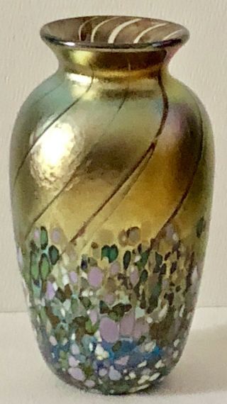 Vintage HAND Made BLOWN ART GLASS IRIDESCENT Loetz Gold VASE Signed ELAINE HYDE 4