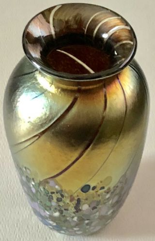 Vintage HAND Made BLOWN ART GLASS IRIDESCENT Loetz Gold VASE Signed ELAINE HYDE 5