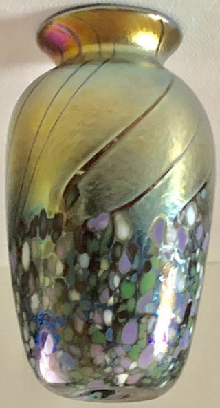 Vintage HAND Made BLOWN ART GLASS IRIDESCENT Loetz Gold VASE Signed ELAINE HYDE 6
