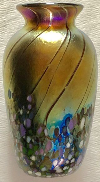 Vintage HAND Made BLOWN ART GLASS IRIDESCENT Loetz Gold VASE Signed ELAINE HYDE 7