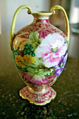 Vintage Large Hand Painted Flowers Nippon Vase Double Handle Enamel Jeweled