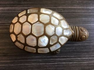 Vintage Brass Turtle Mother Of Pearl Shell Lid Jewelry Secret Trinket Box