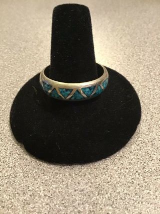 Sterling Silver Ring Vintage Turquoise Inlaid Stone Native American Size 11 1/2