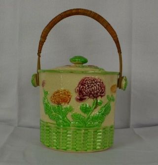 Vintage Biscuit Cookie Jar Floral Ceramic Wicker Handle With Lid Japan Crack