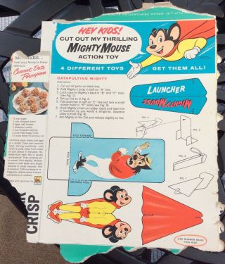 Vintage 1959 Mighty Mouse Post Sugar Crisp Cereal Box Cut Out Action Toy